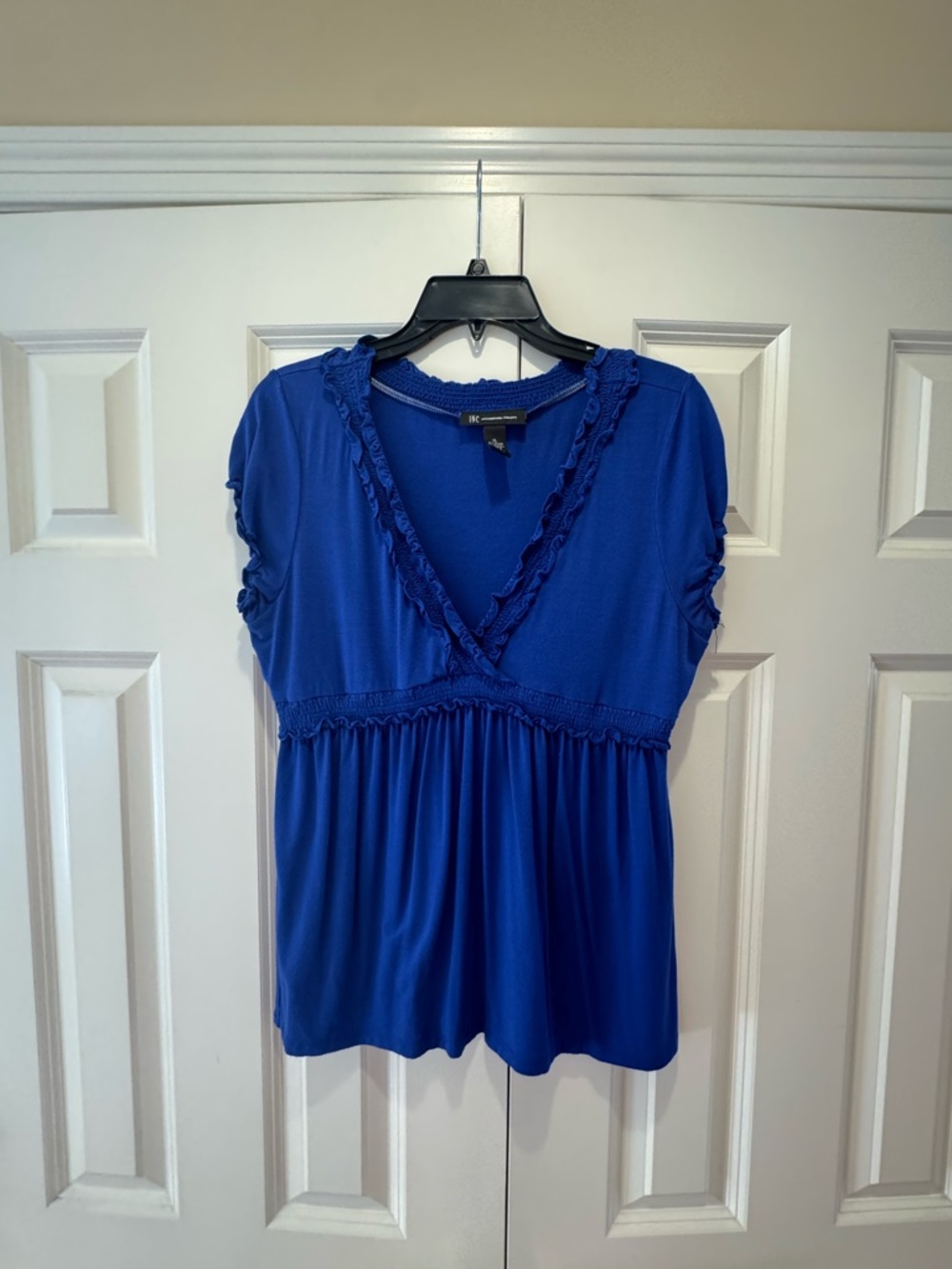 INC International Concepts Royal Blue Ruffle-Trim V-Neck Tunic Top